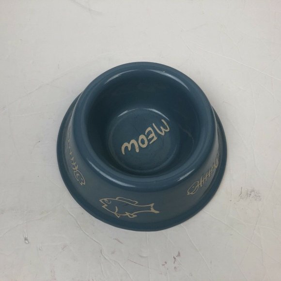 Cat Bowl Dish Food Water Blue Fish Bone Meow Ceramic - Picture 2 of 8